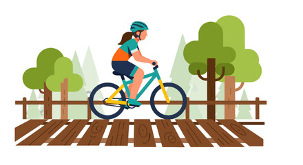 Woman Biking Across a Wooden Bridge in a Forest with Minimalist Illustration