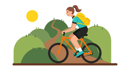 Woman Biking Up Mountain Trail, Under A Glowing Golden Sun, At Sunset In Scenic Nature