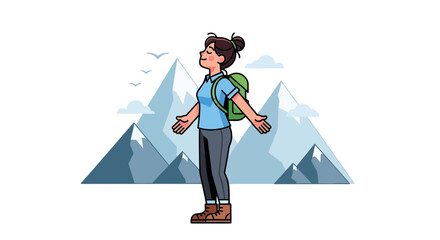 Woman Breathing Fresh Air On Mountain Peaks Enjoying Nature's Tranquility