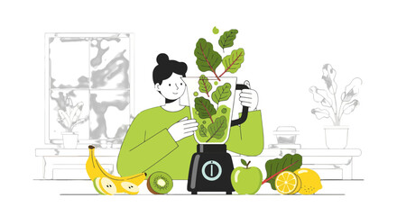 Woman Blending Smoothie with Fresh Fruits and Vegetables for Healthy Nutrition