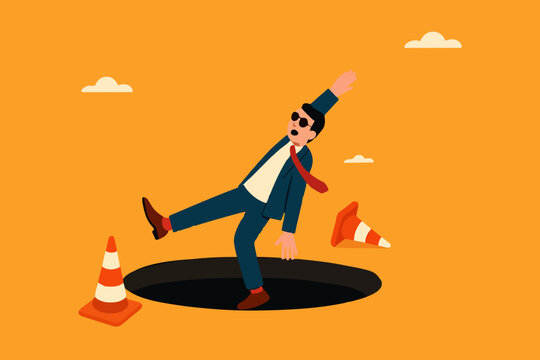 businessman fell into a hole because he was walking while using AR VR headset technology, augmented and virtual reality technology impact illustration, negative impact from AR VR technology