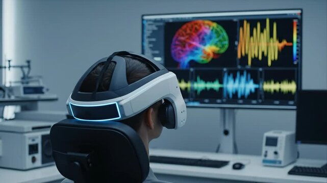 Caucasian man in virtual reality headset looking at brain scan and waveform data in a neuroscience lab for research