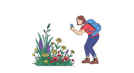 Woman Captures Nature's Beauty, Photographing Flowers During A Hike's Exploration