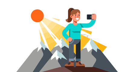 Woman Capturing Adventurous Memories atop Mountain, Reaching Scenic Viewpoint