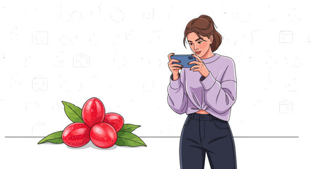 Woman Capturing Fruit Photo With Her Phone Against White Background Illustrated Art