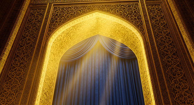 A grand golden archway featuring intricate geometric designs, bathed in warm light, with blue curtains behind. - Powered by Adobe