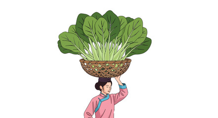 Woman Carrying a Basket of Vegetables on Her Head, Traditional Artwork Design
