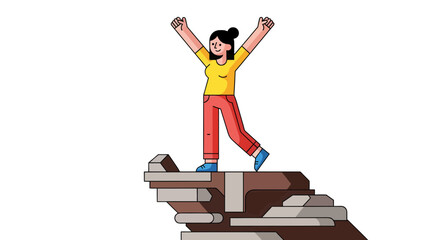 Woman Celebrating Victory Atop A Stone Structure Against A Deep Black Background
