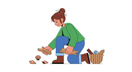 Woman Collecting Shells And Sticks On A Beach, Illustration Against Black Backdrop