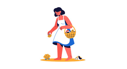 Woman Collecting Seashells On The Beach, Minimalistic Illustration With Black Background