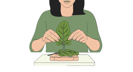 Woman Composing Fresh Salad Sandwich, Artistic Food Illustration On Dark Background