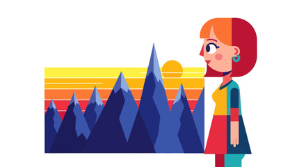 Woman Contemplates Geometric Mountains During A Colorful Dusk With Abstract Sunrise