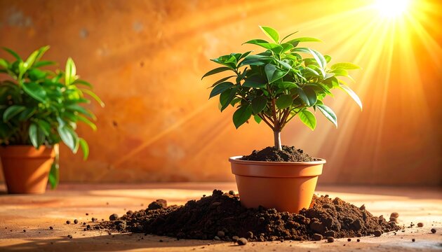 Symbolizing growth: Fresh young plant in pot bathed in warm sunlight indoors