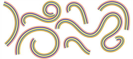 Colorful abstract curved squiggle strokes, vibrant multiline doodle shapes for modern design