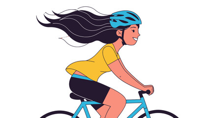 Woman Cycling Outdoors With Flowing Hair, Bicycle, And Energetic Illustration.