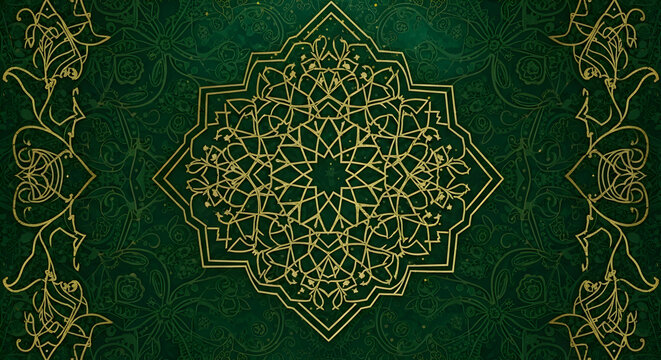 Intricate gold geometric mandala pattern with ornate decorative borders on a deep green textured background, evoking a sense of elegance and tradition.