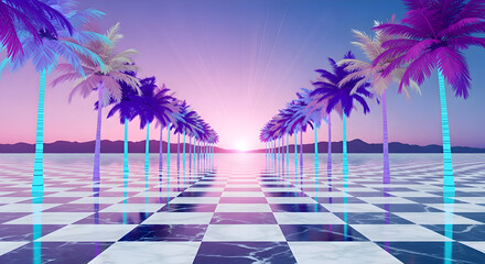 A surreal, vibrant scene featuring rows of colorful palm trees lining a checkered pathway leading towards a bright, hazy sunset over a calm body of water.