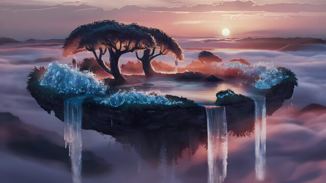 Mystical floating island with cascading waterfalls and ancient tree under a dramatic sunset sky - Powered by Adobe
