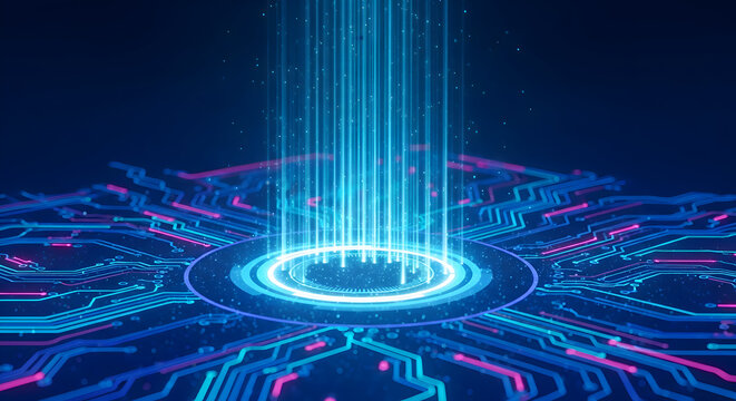 Abstract digital illustration of glowing blue light beams emanating from a circular center on a circuit board pattern against a dark backdrop.
