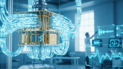 Quantum computer processing with visual data analysis by a man scientist in a modern laboratory. Concept of advanced technology and scientific research. - Powered by Adobe