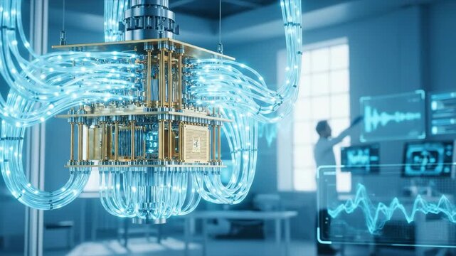 Quantum computer processing with visual data analysis by a man scientist in a modern laboratory. Concept of advanced technology and scientific research.