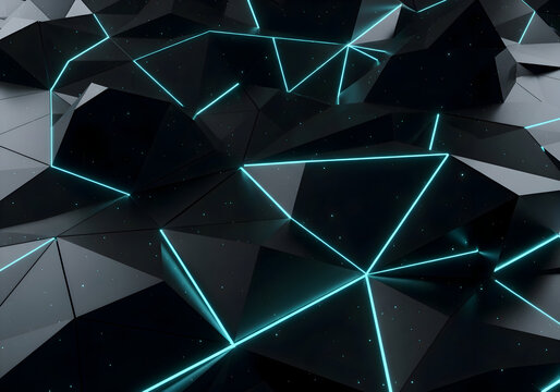Futuristic dark abstract polygonal background illuminated by vibrant blue neon lines creating a digital network pattern.