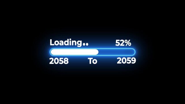 Neon blue loading bar from year 2058 to 2059 at percent progress bar progress indicator animation on black background.Loading Bar Progress From 2058 to 2059 New Year Concept.