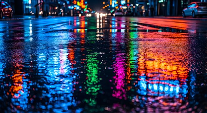 A vibrant city street at night with colorful reflections on wet pavement creating a lively and dynamic urban scene - Powered by Adobe