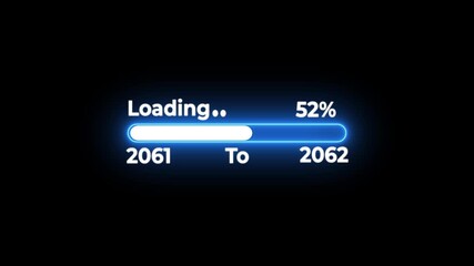 Neon blue loading bar from year 2061 to 2062 at percent progress bar progress indicator animation on black background.Loading Bar Progress From 2061 to 2062 New Year Concept.