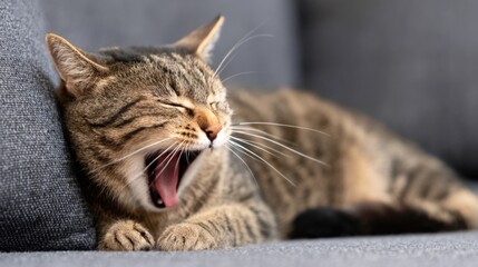A relaxed tabby cat yawning on a cozy gray couch, enjoying a peaceful afternoon indoors