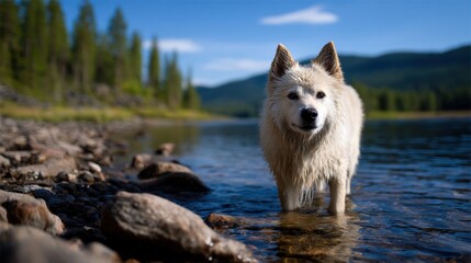A fluffy white dog wades through clear water by a rocky shore, surrounded by lush green trees and mountains