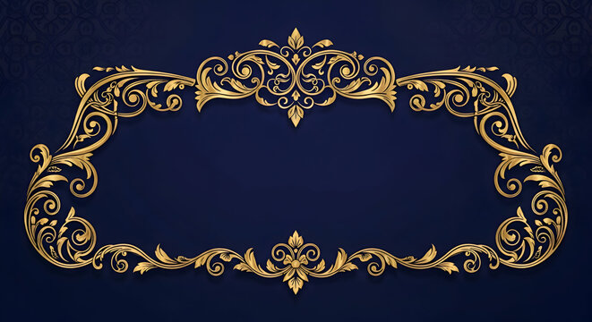 An ornate, elaborate golden baroque frame with intricate swirling patterns and floral embellishments set against a deep navy blue background, suggesting luxury and elegance. - Powered by Adobe