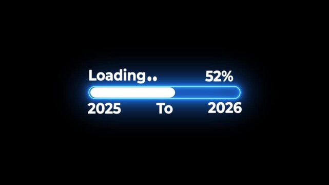 Neon blue loading bar from year 2025 to 2026 at percent progress bar progress indicator animation on black background.Loading Bar Progress From 2025 to 2026 New Year Concept.