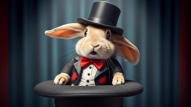 A charming magician rabbit emerges from a top hat, performing whimsical tricks on stage with