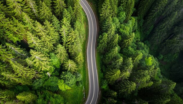 winding road through dense forest an aerial perspective reveals a serpentine road snaking its way through a vibrant lush forest canopy offering a captivating journey into the heart of nature