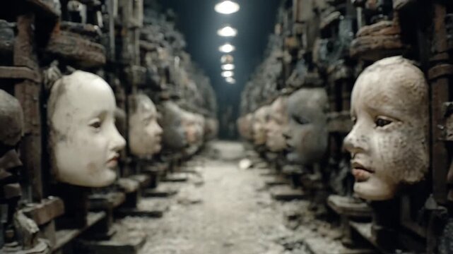 Surreal corridor with doll heads in an eerie setting