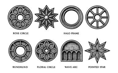 Ornamental geometric designs with rose windows and floral arcs in vintage style