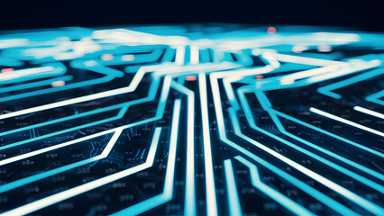 Abstract glowing blue circuit board lines representing digital technology and data flow in a futuristic network