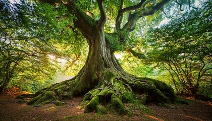 ancient tree in a verdant oasis towering ancient tree with robust trunk and sprawling roots embraces its surroundings within a serene forest landscape creating a sense of timeless tranquility