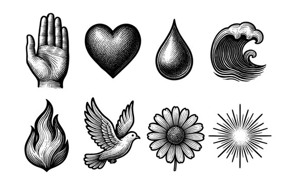 Vintage engraving style icons of nature elements and symbols