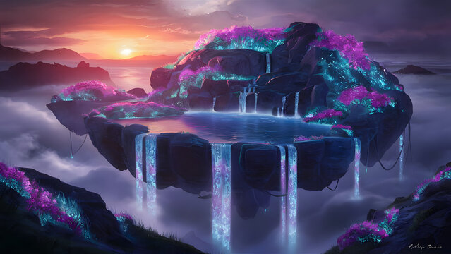 Enchanting floating island with glowing waterfalls and vibrant flora at sunset in a mystical sky - Powered by Adobe