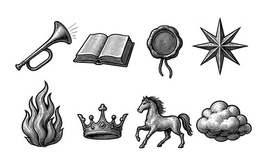 Vintage engraved objects set with musical, crown, and nature elements