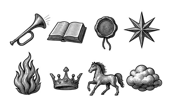 Vintage engraved objects set with musical, crown, and nature elements