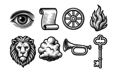 Vintage black and white engravings of iconic symbols and objects