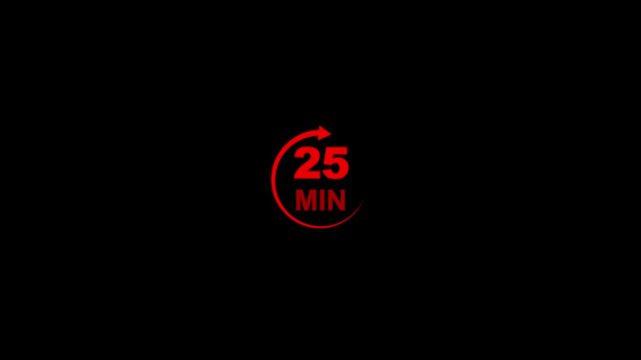 Timer with neon line refreshing arrow. Red color circle arrow refresh icon with 25 min timer icon animation on black background .Motion graphics.