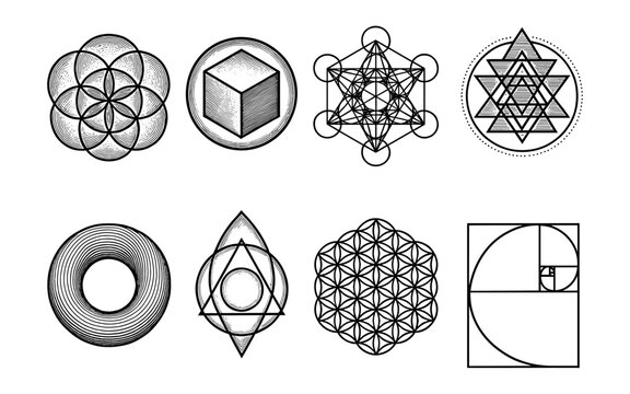 Geometric sacred symbols set featuring metatron cube and fibonacci spiral