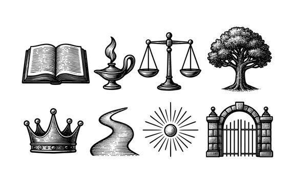 Vintage engravings: book, lamp, scales, tree, crown, path, sun, gate