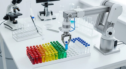Modern laboratory automation with robotic arm handling colorful vials for pharmaceutical research and drug discovery, showcasing precision and efficiency