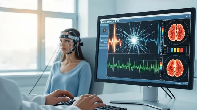 Female patient undergoing brain activity scan with neurologist, monitoring brainwaves and neural network visualization on computer screen