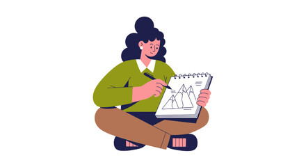Woman Sketching Mountain Range in a Notebook on a Black Background Illustration
